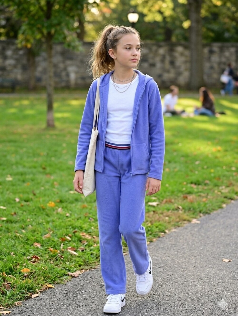 LL Bean Girls Cornflower Blue Fleece Warmup Suit Top 14/16 Pants 12 EUC